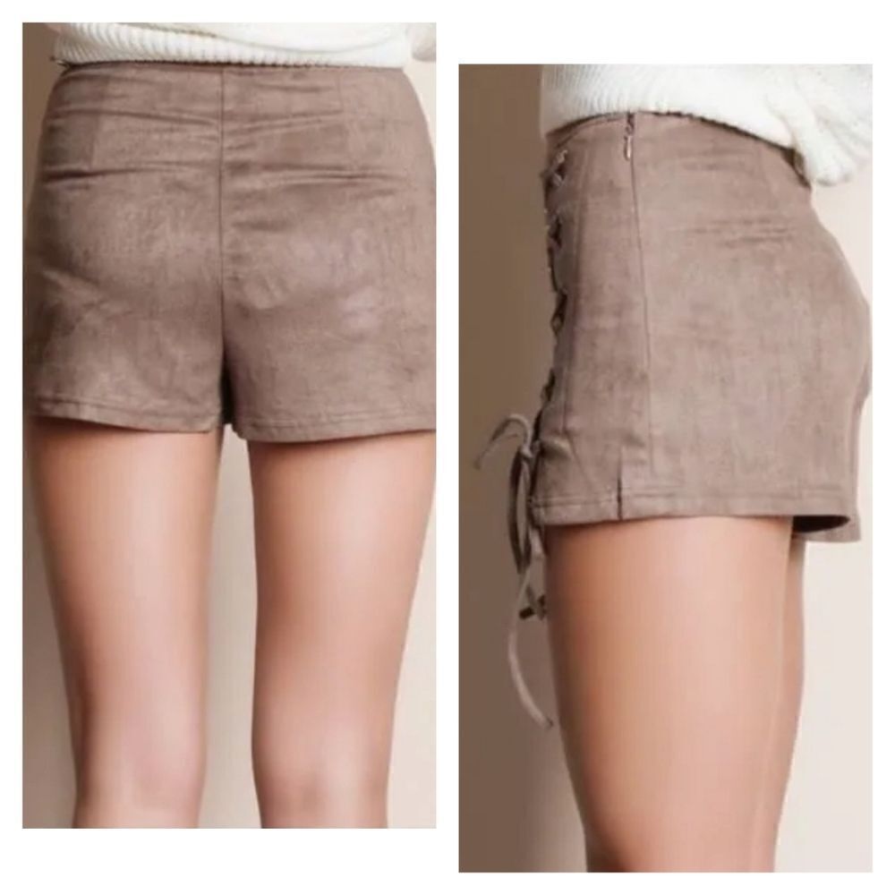 Luxxel Mocha Suede Lace-up Shorts - Picture 3 of 16